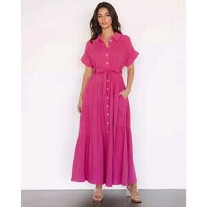Baltic Born Aizey Button Up Maxi Dress L Cottagecore Pink Belt Cotton Gauze Long